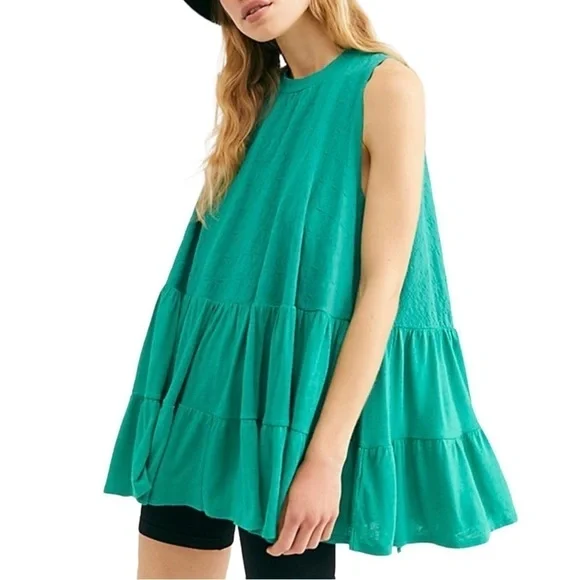 Free People Right On Time Vibrant Green Tiered Tunic Top Womens Small - Picture 2 of 15